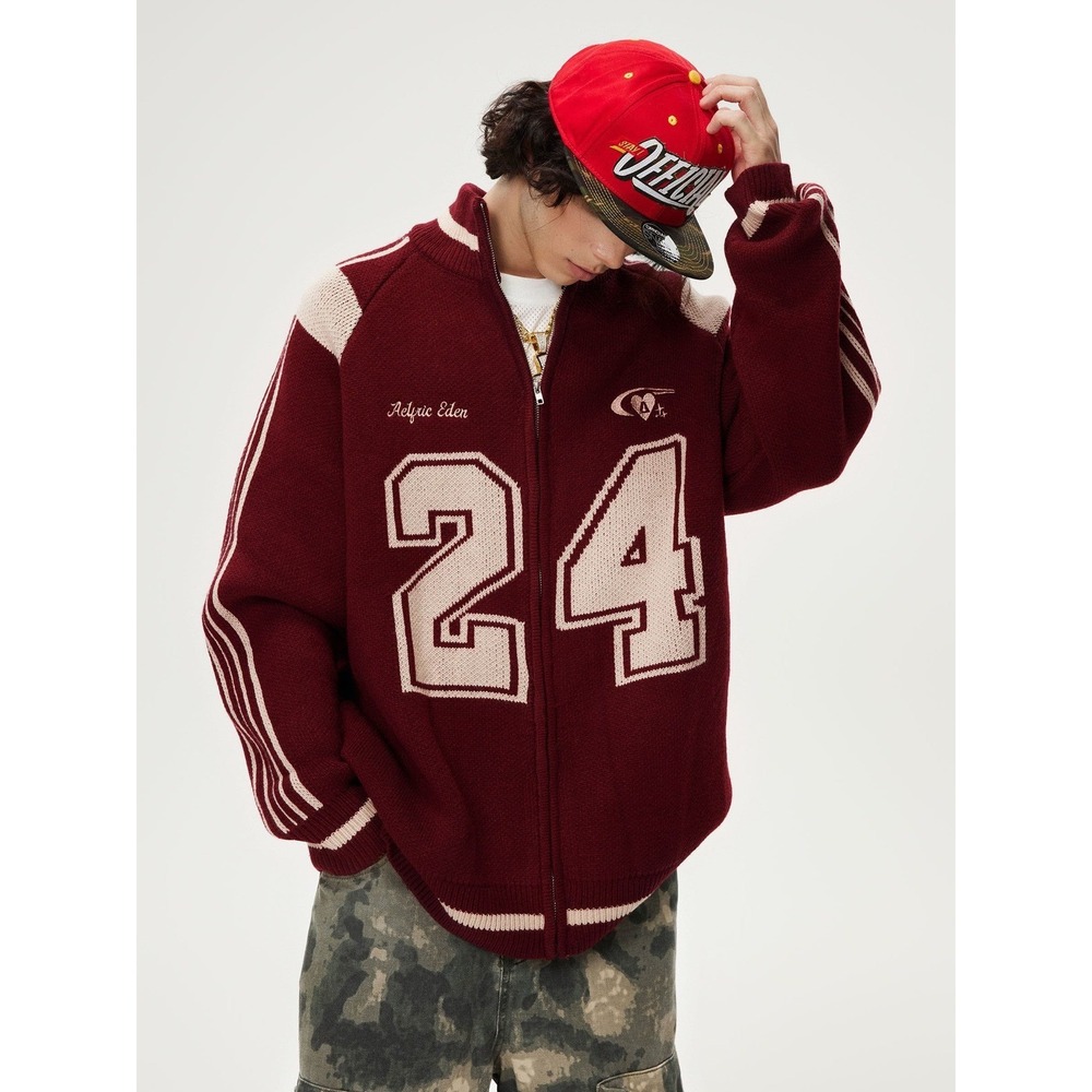 Aelfric Eden Burgundy Cream Relaxed Fit Streetwear Jacquard Zip Up Cardigan - XL